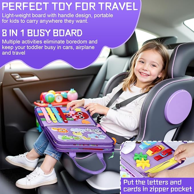 Esjay Toddler Busy Board Montessori Toys for Girls, Sensory Book Educational Activities Learning Fine Motor Skills, Birthday Gifts for Girls Toddlers, Travel Toys for Airplane Car, Purple Merpeople