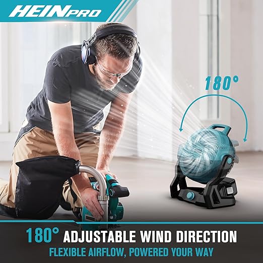 HEINPRO Battery Operated Fan Compatible with Makita 18V Battery with AC Adapter (No Batteries) Up to 650CFM, Variable Speed, Low Noise 30dB, Portable Cordless Fan for Camping, Jobsite