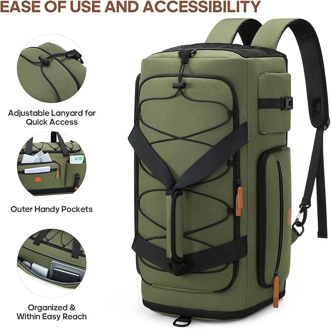 Gym Bag for Men and Women with Shoe & Laptop Compartment, 3-in-1 Sports Travel Duffel Bag Anti-Theft Weekender Carry-on Backpack for Airplane & Workout, Overnight Travel Bag, 35L, Green, Medium