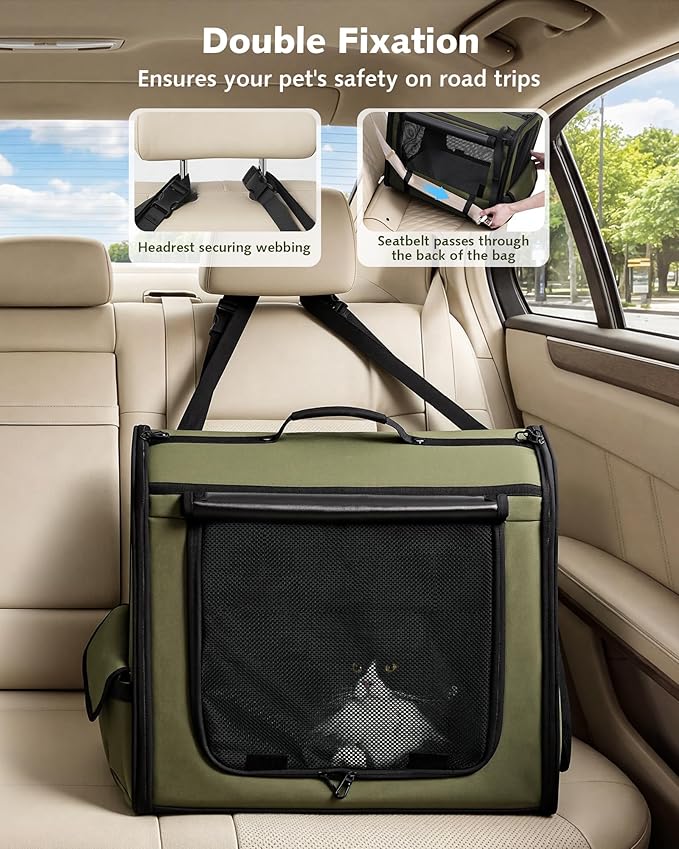 Pecute Dog Car Carrier Light Weight 19.7×16.9×14.8in, Dog Carrier Easy to Assemble, Dog Car Crate Portable and Breathable,Pet Carrier for Indoor and Outdoor, Dog Travel Crate with Curtain Green