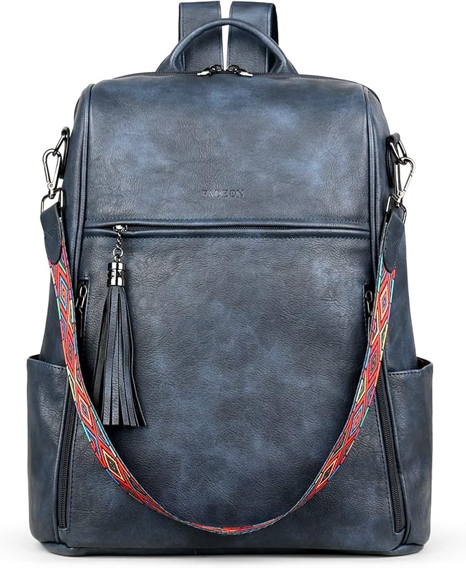 FADEON Leather Laptop Backpack for Women Designer 15.6 inch PU Laptop Bag, Ladies Travel Computer Work Backpack Blue