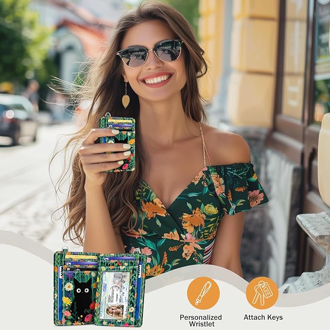 Yonlevres Black Cat Credit Card Holder Slim Wallet, Floral RFID Wallet Women Front Pocket Small Card Holder, Travel Funny Cute Thin Card Case ID Window PU Leather RFID Blocking Card Organizer Girls