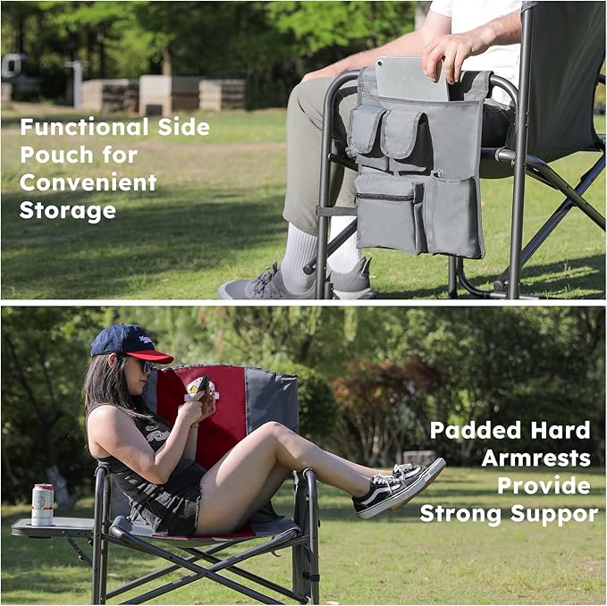 Colegence Oversized Directors Camping Chair Support 600 LBS, Heavy Duty Folding Outdoor Chairs with Detachable Side Pocket and Adjustable Side Table for Outside Beach,Lawn,Fishing (Red)