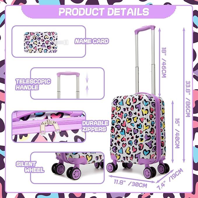 Kids Luggage with Spinner Wheels 5 Piece Carry on Suitcases for Girls Backpack with Lunch Box Pencil Case 16" Toddler Suitcase Set Airline Approved (Bainbow Leopard)