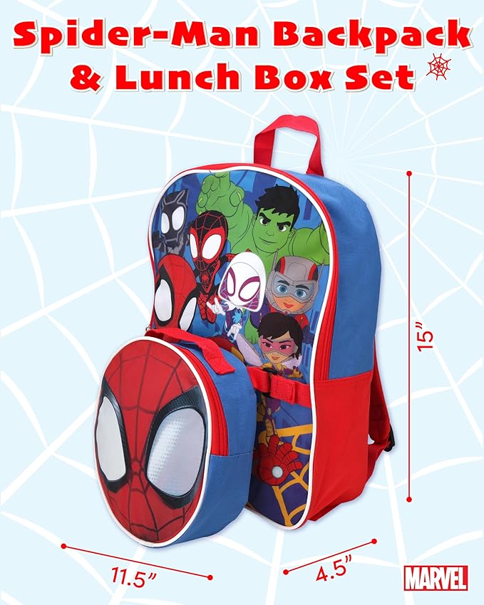 Fast Forward Spider-Man Boys Backpack and Lunch Box Set - 2 Piece 15'' School Backpack with Detachable Lunch Bag, Size One Size, Spidey and Friends Multi