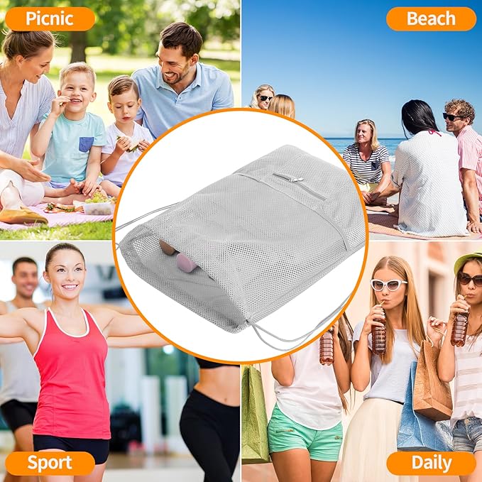 NATURAL STYLE Mesh Drawstring Backpack Bag, Gym Sports Bag with Zipper Pocket Bottle Holder, String Beach Bag for Swiming Travel (Grey)