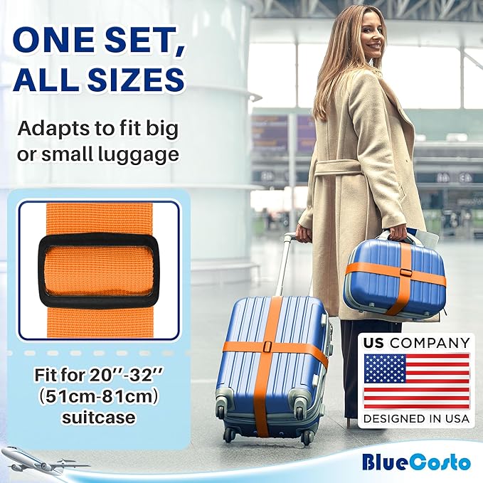 Luggage Straps for Suitcases - TSA Approved - Orange, 4 PK - Premium Nylon Belts for Suitcase, Briefcase & Travel Bag - Adjustable Strap Length 46" - 78"