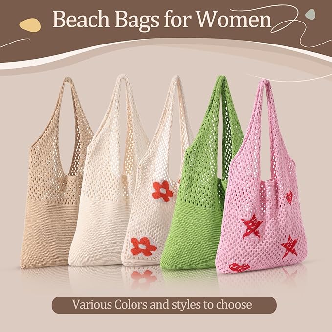 Premillow Crochet Beach Tote Bags, Stylish Mesh Beach Bags Shoulder Bag for Women, Cute Summer Vacation Boho Tote Bag