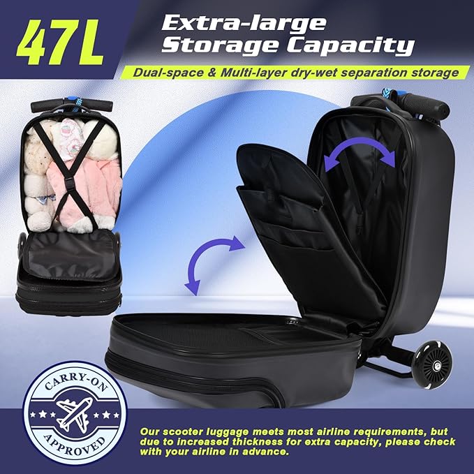 smilesun Foldable Ride On Scooter Suitcase with Front Opening, Lightweight Carry On Scooter Luggage for Adults, Teens & Kids（Black 20-inch）