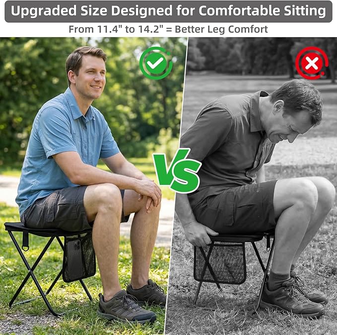 Portable Folding Camp Stool with Side Pocket, Taller Foldable Camping Stool for Adults, Metal Backpacking Stool Lightweight Mini Folding Chair, Compact Camping Seat Travel Fishing Hiking Mobile Chair