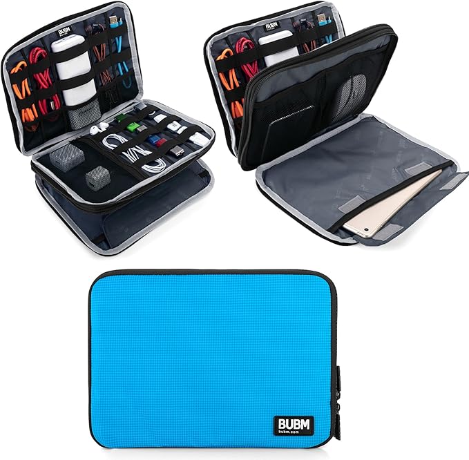 BUBM Double Layer Electronics Organizer, Travel Gadget Bag for Cables, Memory Cards, Flash Hard Drive and More, Fit for iPad or Tablet(up To 9.7")--Large, Blue