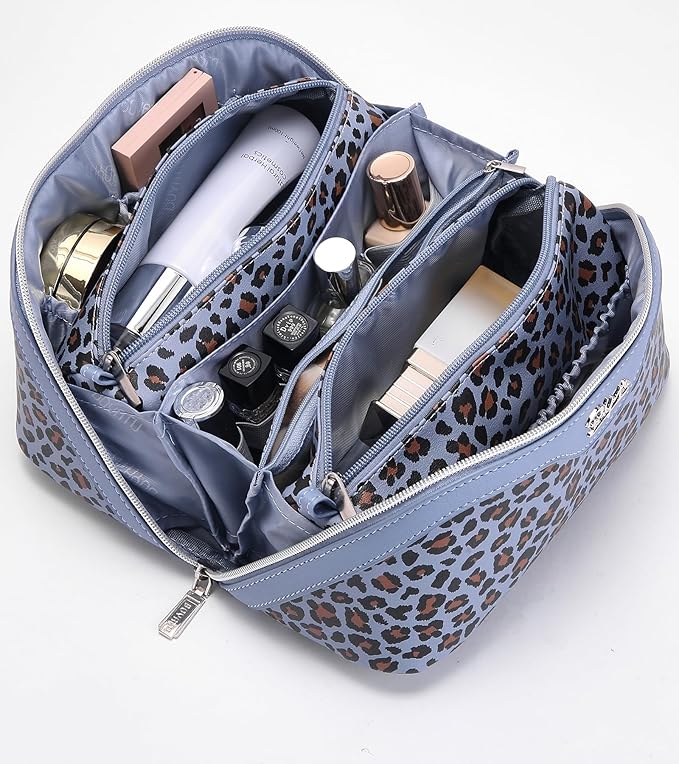 BOYATU Travel Makeup Bags Cosmetic Organizer Bag: 3 Pcs Set Large Capacity Make up Bag with Compartments - Waterproof Leather Toiletry Bags with Handle for Women (B-Light Blue)