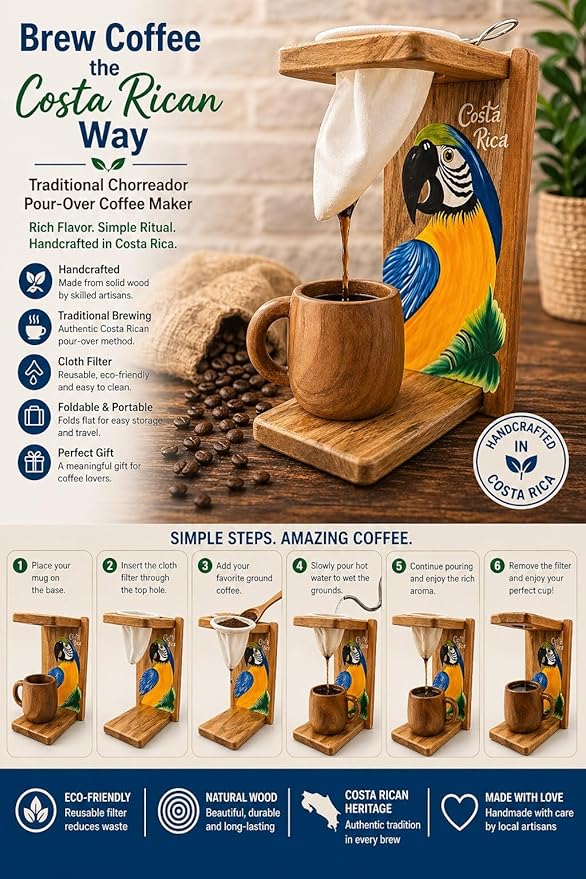 Tapanti store.Chorreador,Costa Rican handcrafted foldable wooden pour-over coffee maker.Includes a reusable cloth filter.Hand painted Macaw wooden design.Light Cedar.Perfect for travel (Blue/Orange)