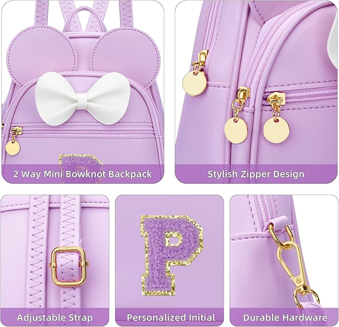 KKXIU Girls Initial Bowknot Cute Mini Backpack for Toddler, Travel Small Girl Backpacks, Personalized Birthday Gifts for Little Girls and Kids(P, Purple)