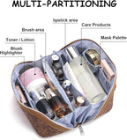 BOYATU Travel Makeup Bags Cosmetic Organizer Bag: 3 Pcs Set Large Capacity Floral Make up Bag with Compartments - Waterproof Leather Toiletry Bags with Handle for Women (19-Brown)