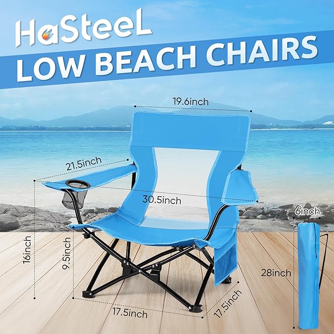 HaSteeL Folding Beach Chair Set of 2, Foldable Blue Camping Chairs for Outside, Low Beach Chair Portable for Adults Fishing, Picnic, Outdoor BBQ, Travel, Sports, Cup Holder & Storage Bag