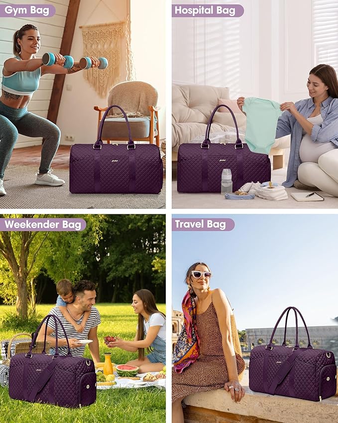 Women Weekender Travel Duffle Bag: Travel Duffel Overnight Bags with Shoe Compartment Large Carry on Tote with Toiletry Bag Weekend Traveling Yoga Gym Hospital Bag for Women with Wet Pocket 3 PCS Set