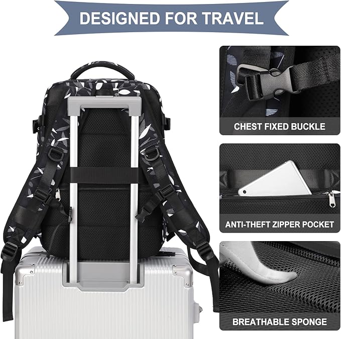 WONHOX Large Travel Backpack Women, Carry On Backpack,Hiking Backpack Waterproof Outdoor Sports Rucksack Casual Daypack Fit 14 Inch Laptop with USB Charging Port Shoes Compartment, Leaves Black