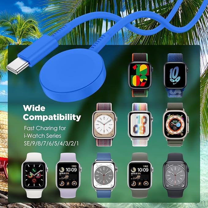 2Pack for Apple Watch Charger Cable, 3FT USB C to Magnetic Wireless Fast i-Watch Charging Cord [Portable], Compatible with iWatch Series Ultra/9/8/7/6/SE/SE2/5/4/3/2 - Blue