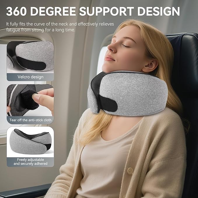 SZXYX Neck Travel Pillows - 100% Pure Memory Foam Neck Pillow for Airplanes, Comfortable Breathable Cover, 360° Support Stowable Pillows for Sleeping, Car, Airport Travel Essentials, Gray