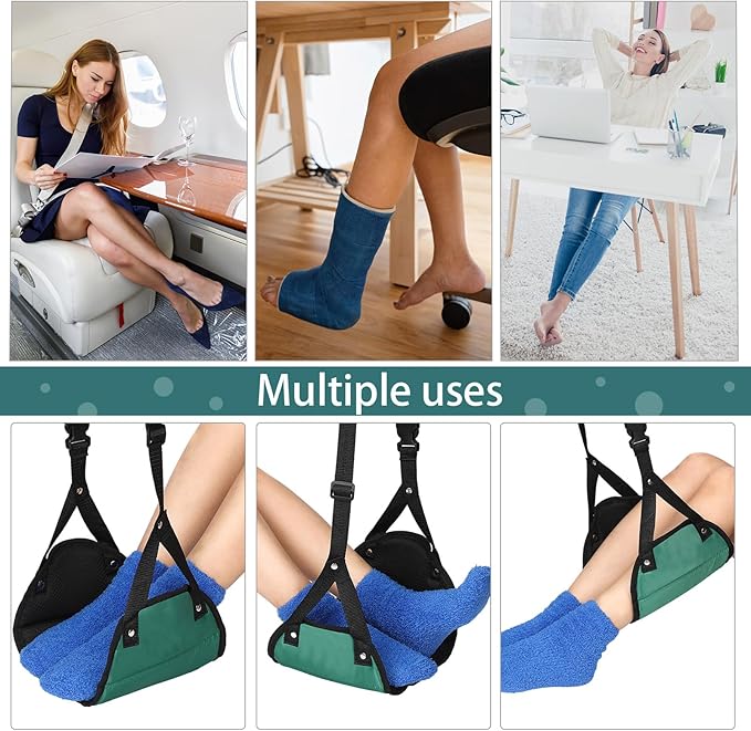 Yerliker Airplane Foot Hammock(Memory Foam) with Earplugs and Eye Mask Travel Necessities Adjustable Airplane Desk Foot Rest for Long Trip Pain and Swelling Relief(Green)