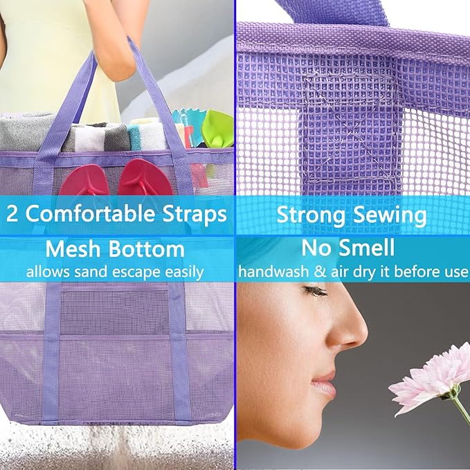 Fammart Mesh Beach Bag with Zipper, Large Beach Tote for Women, Toys Pool Swim Bag Travel Vacation Cruise Essentials