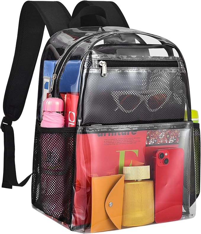 Paxiland Clear Backpack Stadium Approved 12×12×6, Small Transparent Bag with Reinforced and Widened Shoulder Straps, Black-Large