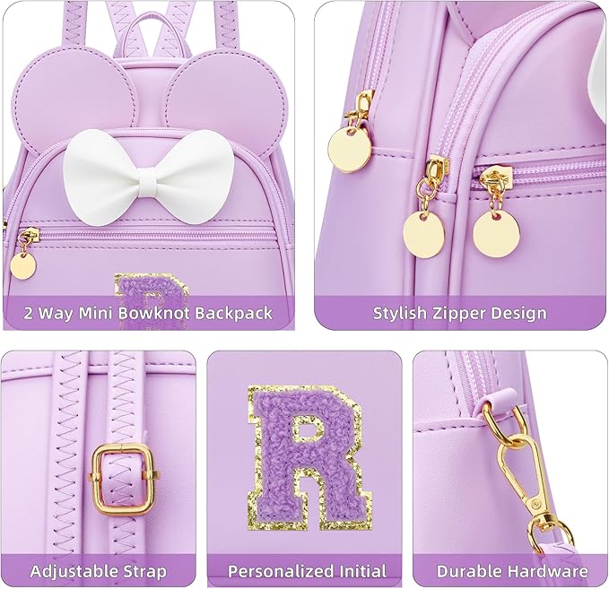KKXIU Girls Initial Bowknot Cute Mini Backpack for Toddler, Travel Small Girl Backpacks, Personalized Birthday Gifts for Little Girls and Kids(R, Purple)