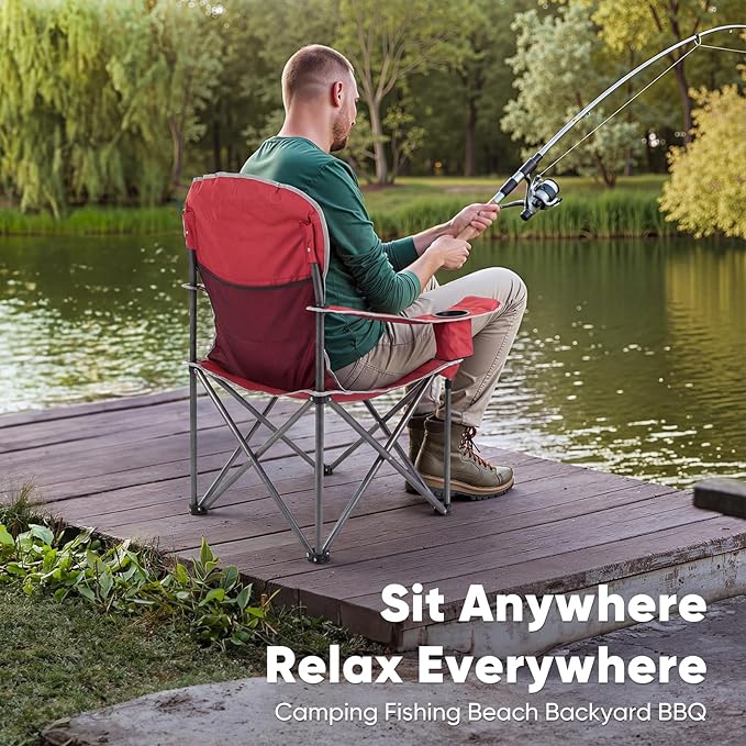 NEWBULIG Oversized Folding Camping Chair for Adults, Portable Outdoor Collapsible Chairs, 500 LBS Heavy Duty Support, with Cup Holders, for Lawn, Fishing, Hiking, Red