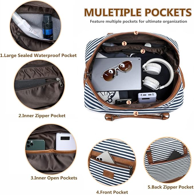 Wogarl 4PCS Weekender Bags for Women Large Overnight Weekend Travel Duffel Carry on Shoulder with Shoe Compartment Canvas Toiletry Bag for Travel Business Gym