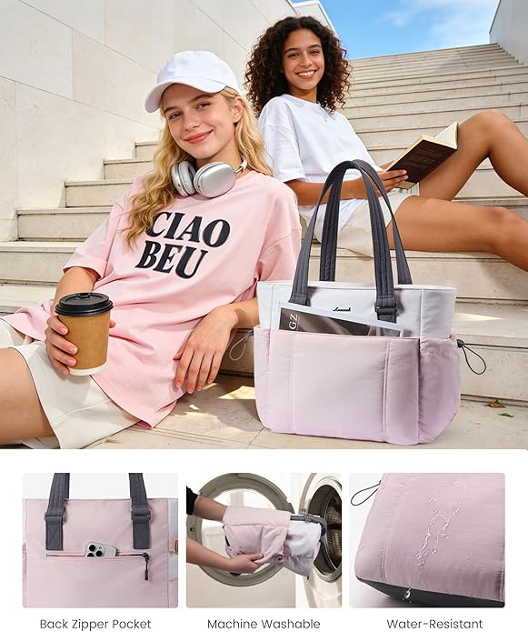 LOVEVOOK Tote Bag for Women, Puffy Work Tote with Large Cup Holder, Quilted Laptop Bag Travel Tote Shoulder Bag Handbag