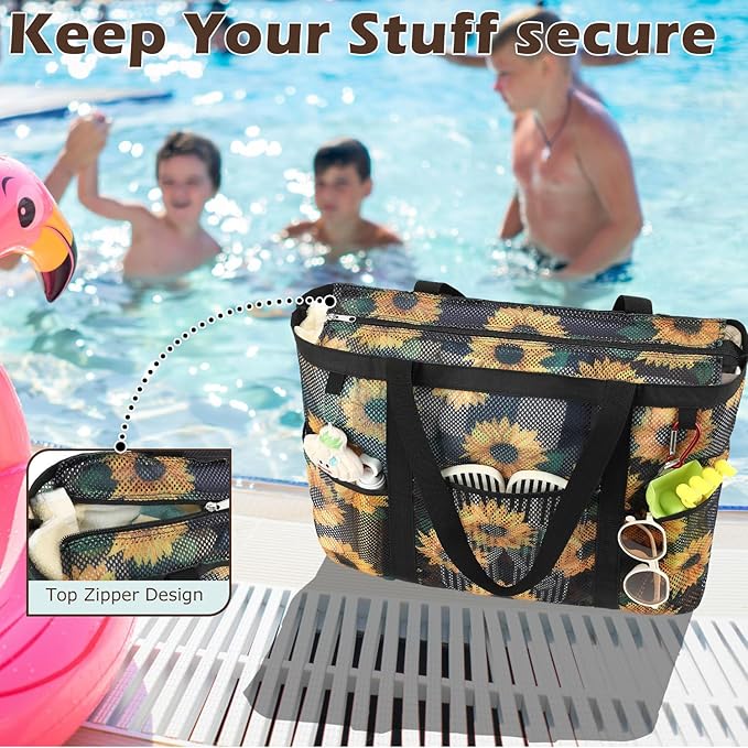 Fammart Mesh Beach Bag with Zipper, Large Beach Tote for Women, Toys Pool Swim Bag Travel Vacation Cruise Essentials