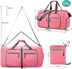 Dimayar 65L Travel Duffle Bag for Men Women - Foldable Duffel Bag with Shoes Compartment - Overnight Bags Waterproof & Tear Resistant(Pink)