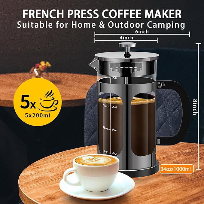YMMIND French Press Coffee Maker (34oz 1Quart 5-6Cup) Coffee Press, with 4 Filters System, Heat Resistant Thickness Borosilicate Glass, Cold Brew Coffee Tea Pot Gifts (Bright Black)