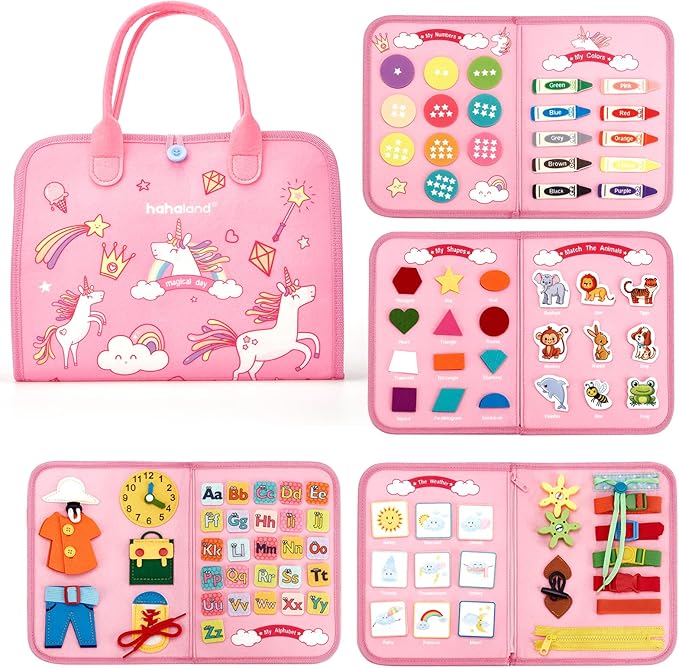 hahaland Toddler Busy Board Montessori Toys for 3 Year Old Girl Gifts, Educational Learning Toys with Life Skills, Alphabet, Number, Shape, Color, Car Ride Airplane Travel Toy Toddlers Girls Busy Book