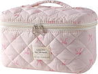 uekeboag Large Travel Quilted Makeup Bag for Women, Floral Cotton Cosmetic Bag, Coquette Aesthetic Floral Toiletry Organizer Bag