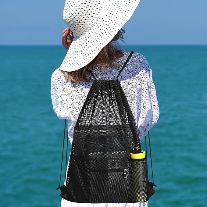 NATURAL STYLE Mesh Drawstring Backpack Bag, Gym Sports Bag with Zipper Pocket Bottle Holder, String Beach Bag for Swiming Travel (Black)
