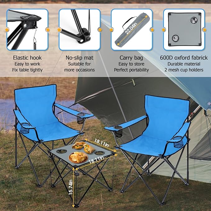 HaSteeL Folding Camping Chair Set of 3, Foldable Blue Camp Chairs & Grey Table, Large Lawn Chair Portable for Adults Hiking, Fishing, Picnic, Outdoor BBQ, Travel, Sports, Cup Holders & Storage Bags