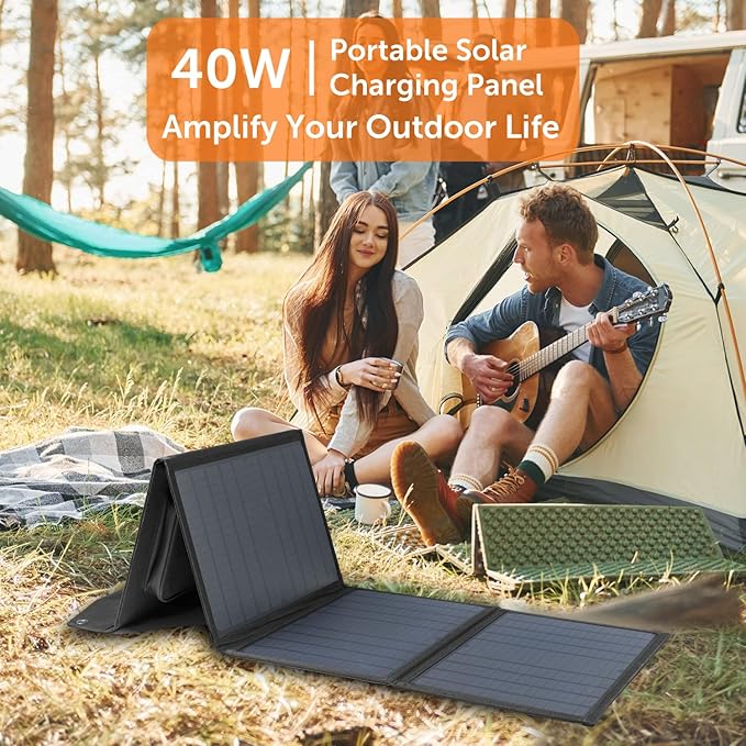 40W 18V Foldable Portable Solar Charging Panel,for Portable Power Station and USB Devices,3 Outputs Type-C/USB QC3.0/DC for Multi Devices,High Conversion Efficiency.,Black,SFZD-40