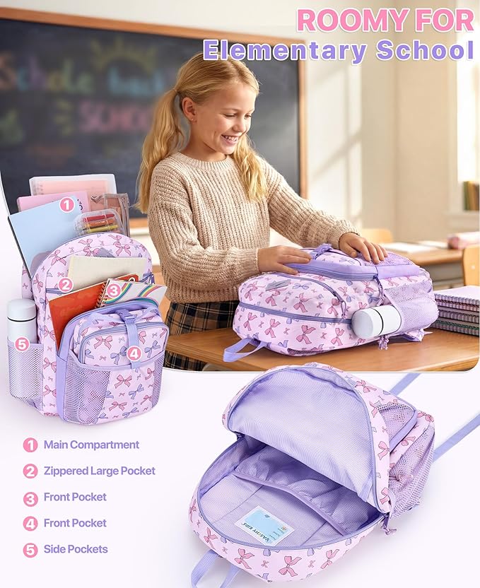 VASCHY Girl Kids Backpack & Lunch Bag Set, 2-in-1 School Bookbag with Insulated Lunch Box for Preschool, Daycare, Kindergarten & Elementary School – Pink Bow