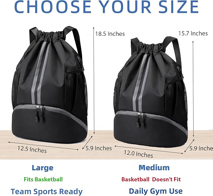 JELUTAR Drawstring Backpack Gym Bag with Shoes Compartment for Soccer, Basketball, Swim, Water-Resistant String Backpack Beach Cinch for Women Men