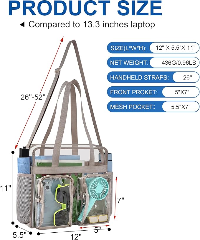 XCU Clear Bag for Stadium Events 12x6x12 Large Clear Tote Bag Transparent Lunch Bag Adjustable Straps for Concert Sports Work