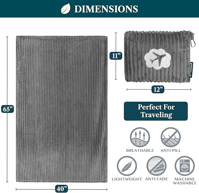 PAVILIA Travel Blanket Pillow, Airplane Blanket Set in Soft Bag with Pockets, Plane Blanket Compact Packable, Flight Essentials Car Pillow, Travelers Accessories Gifts, Luggage Strap, Gray