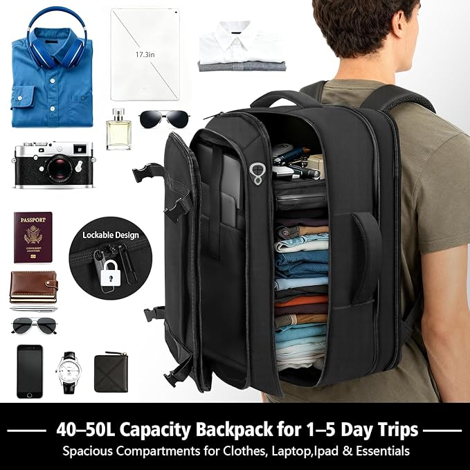 Ample Space Travel Backpack with LifetimeWarranty,Expandable Carry on Backpack with Cable Access Port,Fits 17.3"Laptop Notebook,Water Resistant Weekender Backpack Business Trips,Daily Travel,Black