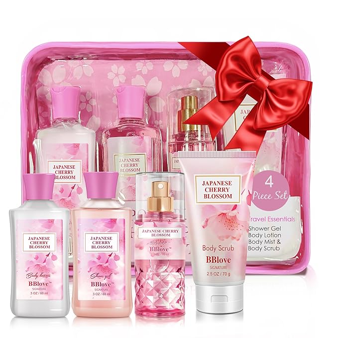 Bath and Body Gift Set for Women and Girls, 4PC Travel Size Self Care Spa Kit with Body Scrub, Shower Gel, Body Lotion & Mist, Japanese Cherry Blossom Floral Scent, Gift for Teens Mom Bride