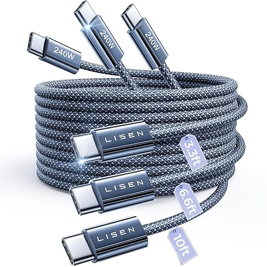 LISEN 240W USB C to USB C Cable【3.3ft+6.6ft+10ft/3 Pack】 Computer Security Cables Type C Charger Fast Charging Cord USB C Cable for iPhone 17 16 iPad MacBook Air Pro Samsung S25