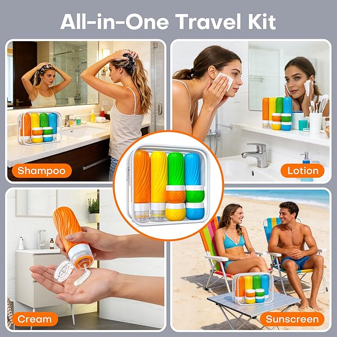 Travel Bottles for Toiletries 8 Pack: TSA Approved 3oz Leak Proof Containers - Silicone Squeezable Bottles for Shampoo Lotion - Travel Essentials for Women Men with Clear Bag