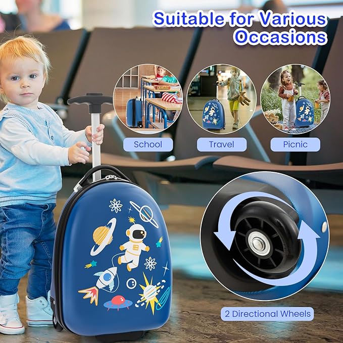 HONEY JOY Kids Luggage, 16” Children Rolling Suitcase w/Wheels & Telescopic Handle, Hard Shell Lightweight Travel Luggage for Toddlers, Carry On Luggage with Wheels for Boys Girls(Blue Astronaut)