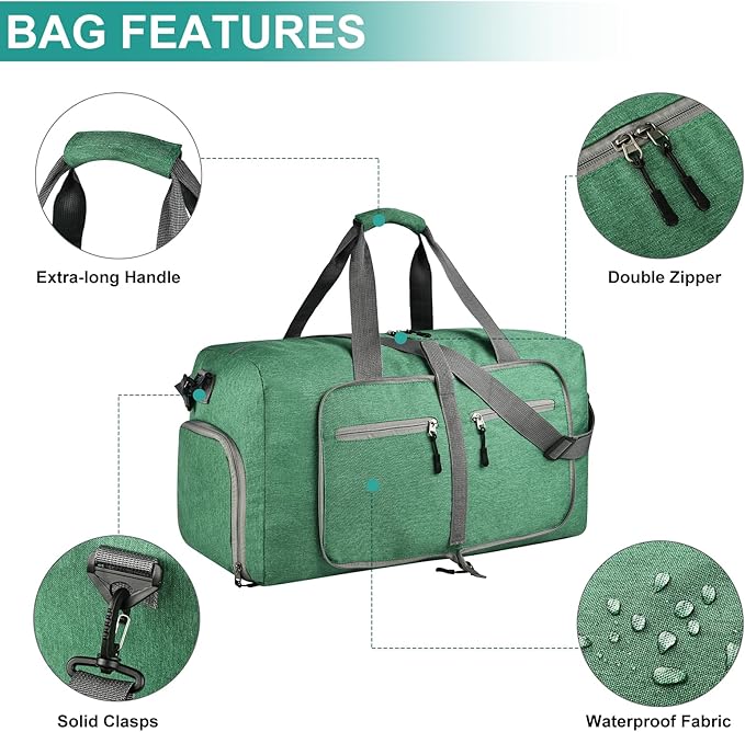 Dimayar 65L Travel Duffle Bag for Men Women - Foldable Duffel Bag with Shoes Compartment - Overnight Bags Waterproof & Tear Resistant(Forest Green)