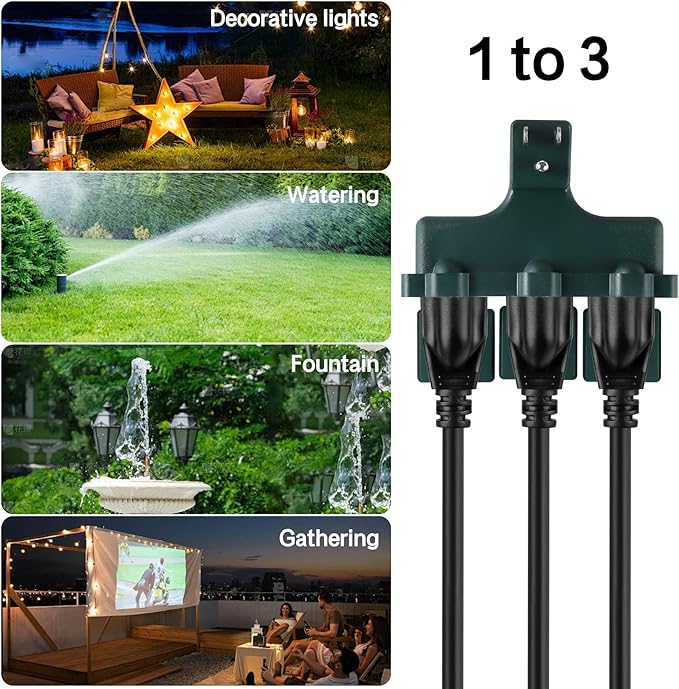 3 Outlet Outdoor Wall Adapter, UL Listed 3-Prong Grounded Outlet Splitter, Weatherproof Heavy Duty Multi Outlet Power Plug Extender with Dust-Proof Cover, Green (1 Pack)